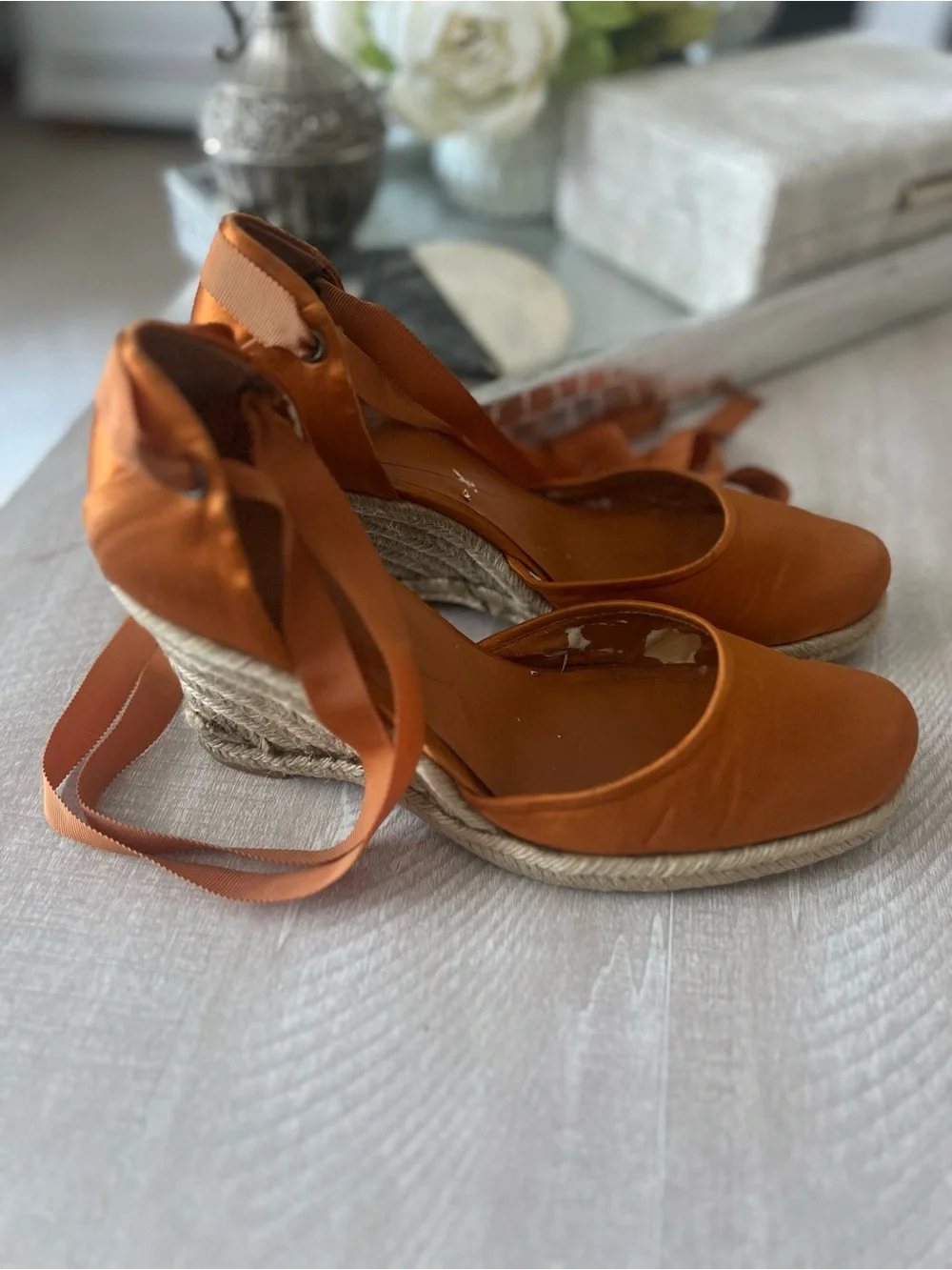 Nine West Orange Satin Espadrille Wedge Sandals with Ankle Wrap